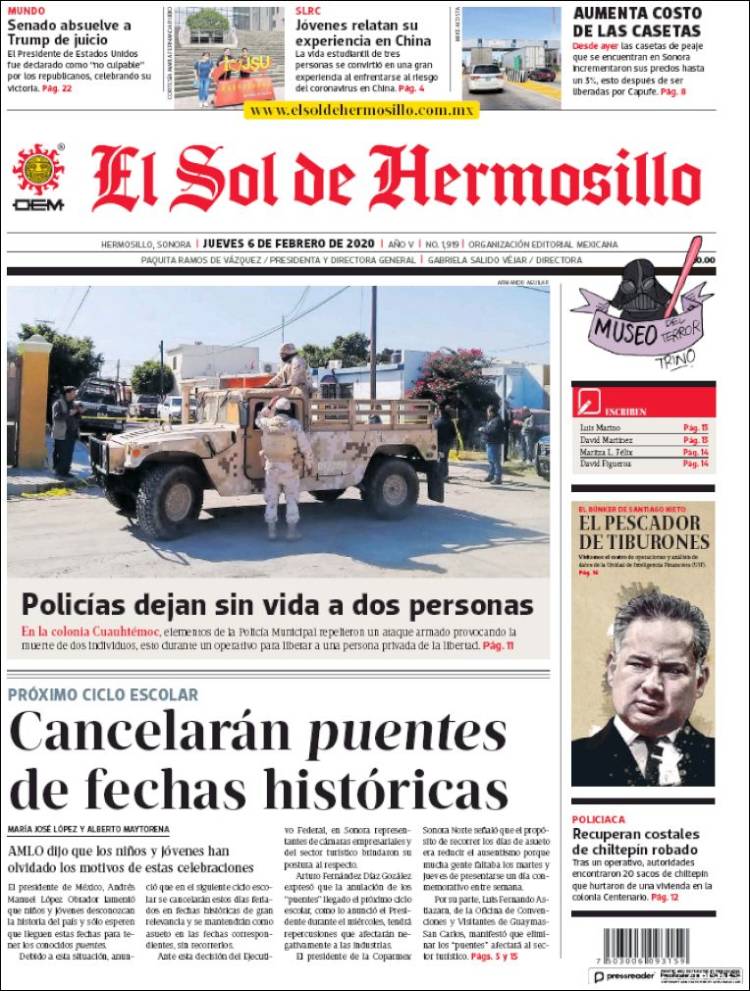 Portada de El Sol de Hermosillo (México)