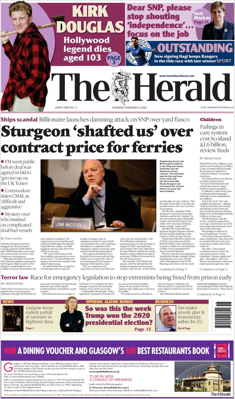 Portada de The Herald (Reino Unido)