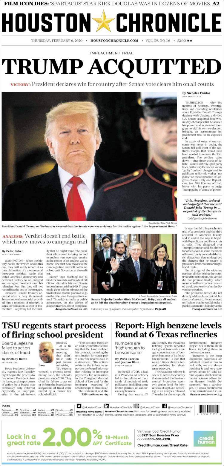 Portada de Houston Chronicle (USA)