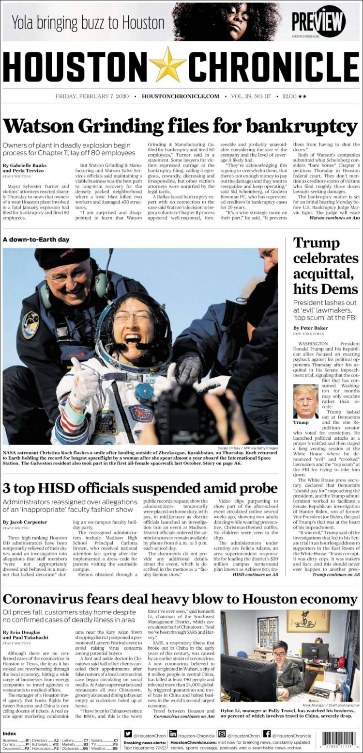 Portada de Houston Chronicle (USA)