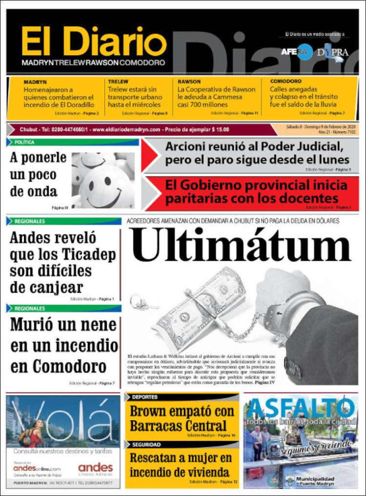 Portada de El Diario de Madryn (Argentina)