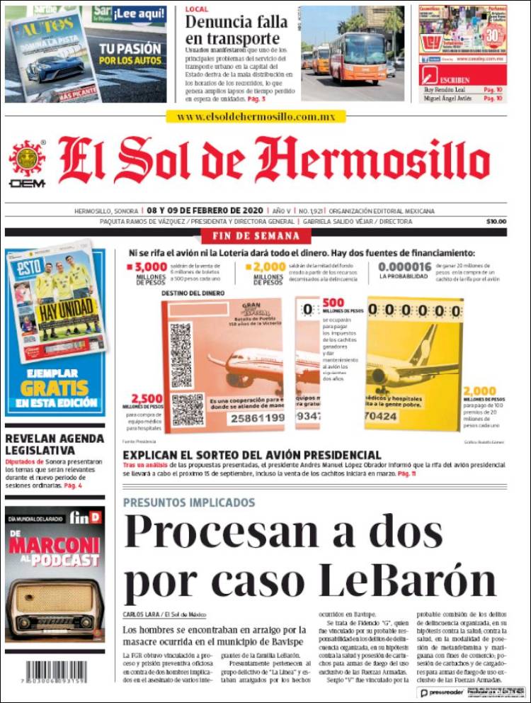 Portada de El Sol de Hermosillo (México)