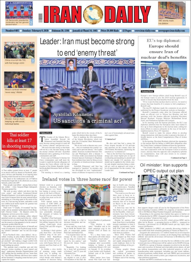 Portada de Iran Daily (Ir&aacute;n)