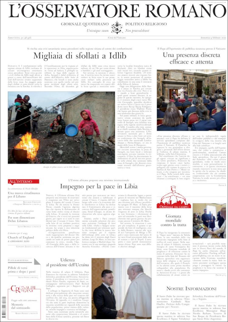 Portada de L'Osservatore Romano (Italia)