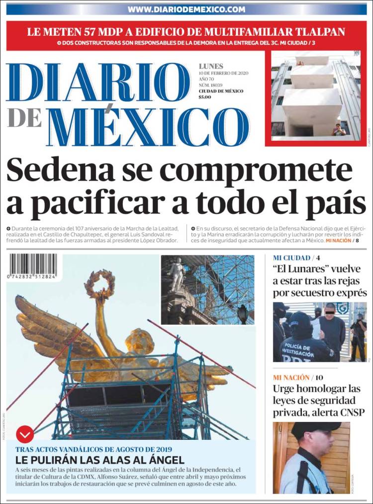 Periódico Diario de México (México). Periódicos de México. Edición de  lunes, 10 de febrero de 2020. 