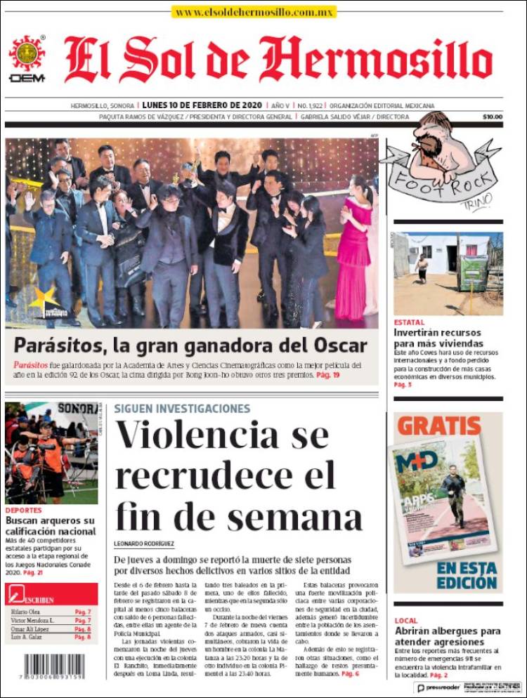 Portada de El Sol de Hermosillo (México)