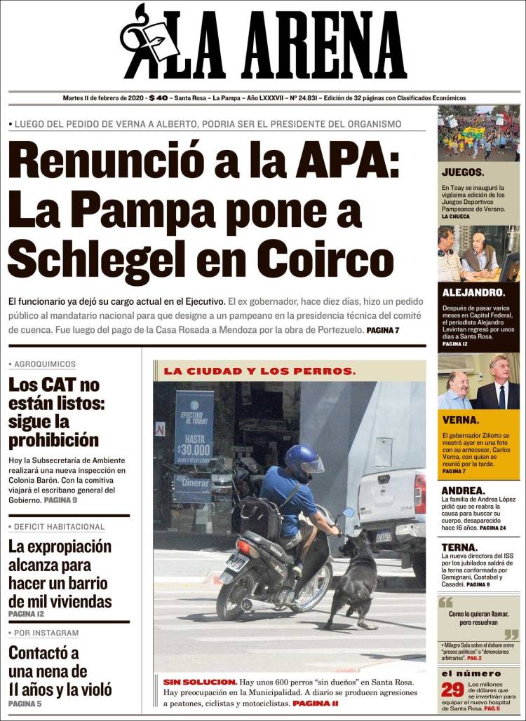 Portada de Diario La Arena (Argentina)