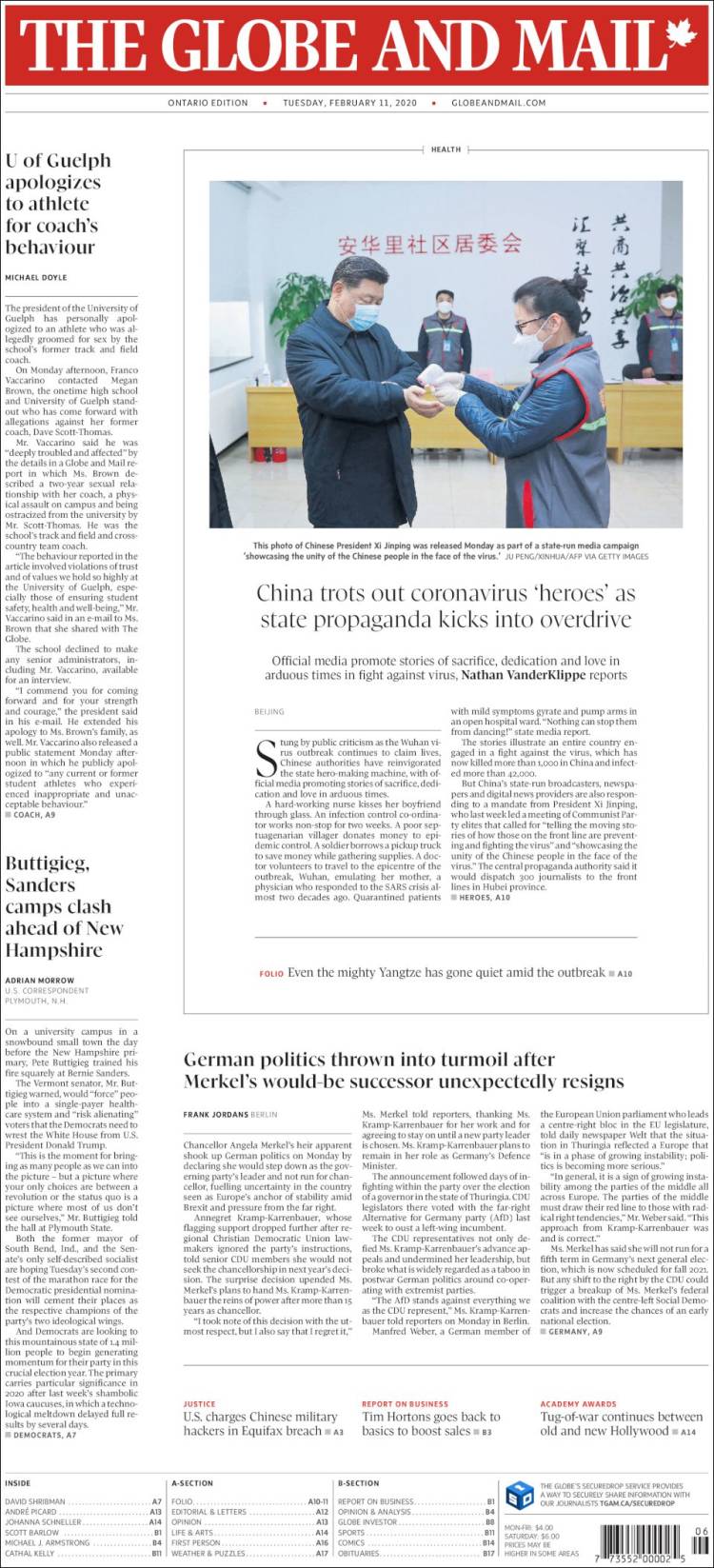 Portada de The Globe and Mail (Canadá)