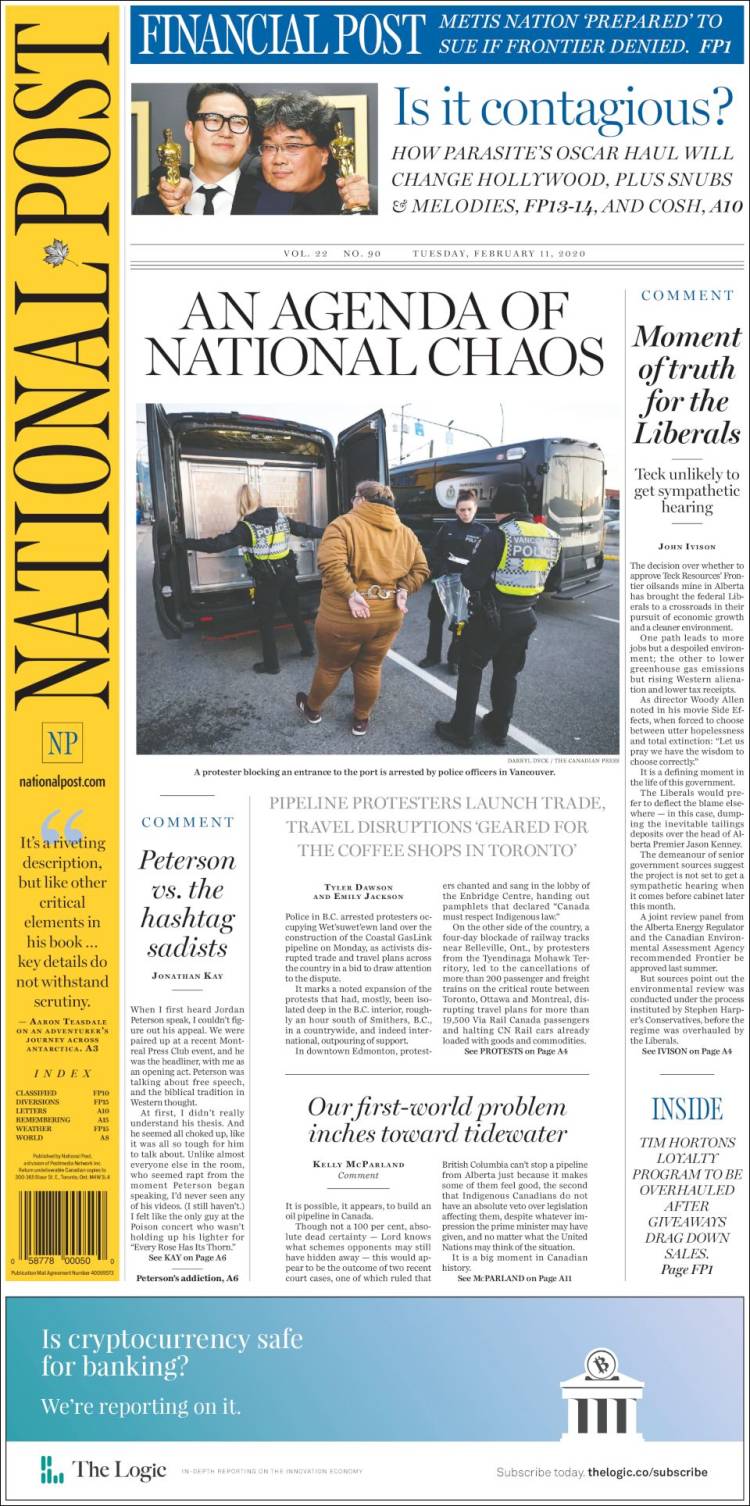 Portada de The National Post (Canadá)