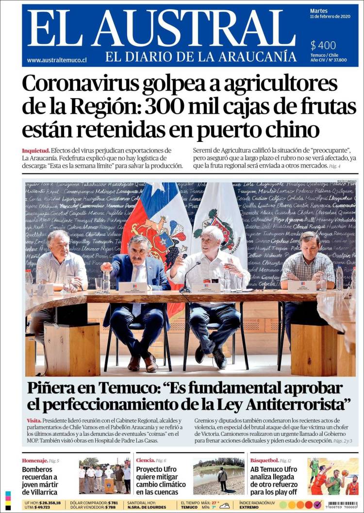 Portada de El Austral de Temuco (Chile)