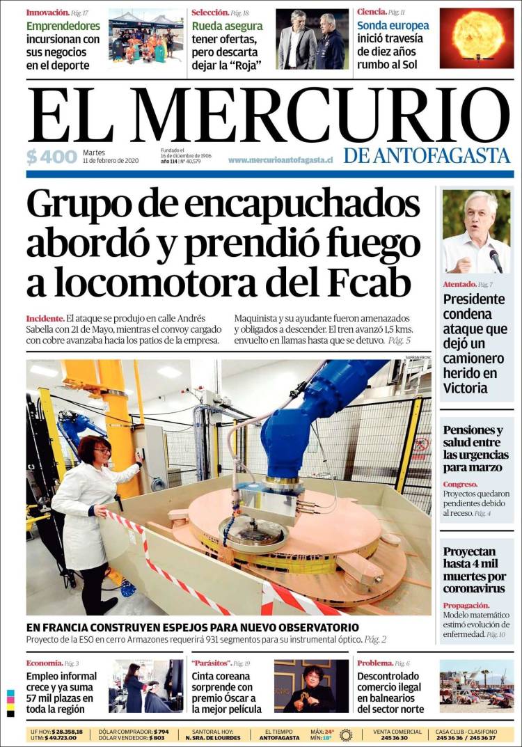 Portada de El Mercurio de Antofagasta (Chile)