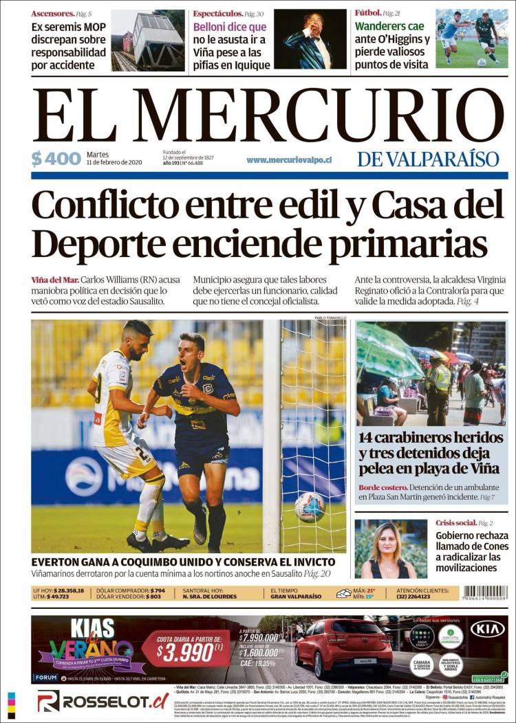 Portada de Mercurio de Valparaiso (Chile)