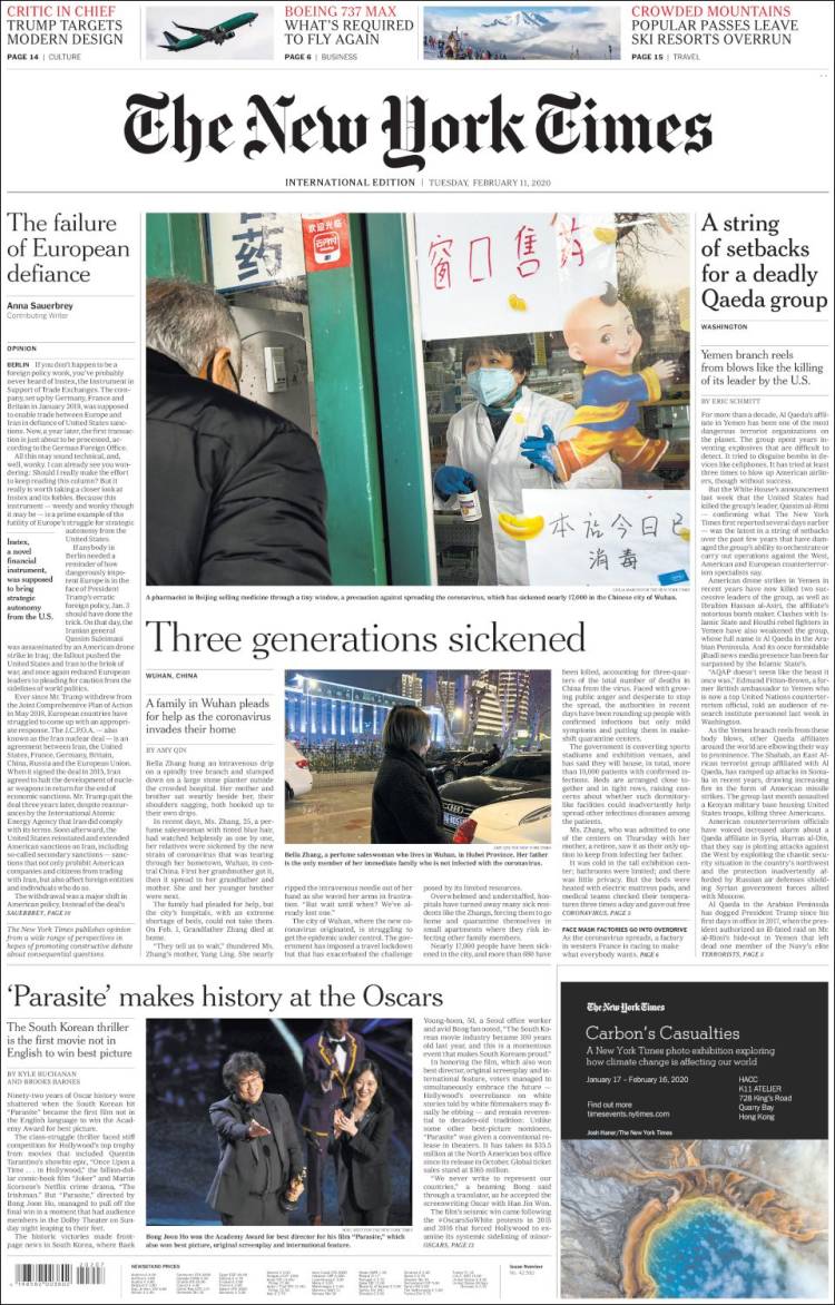 Portada de International New York Times (Europa)