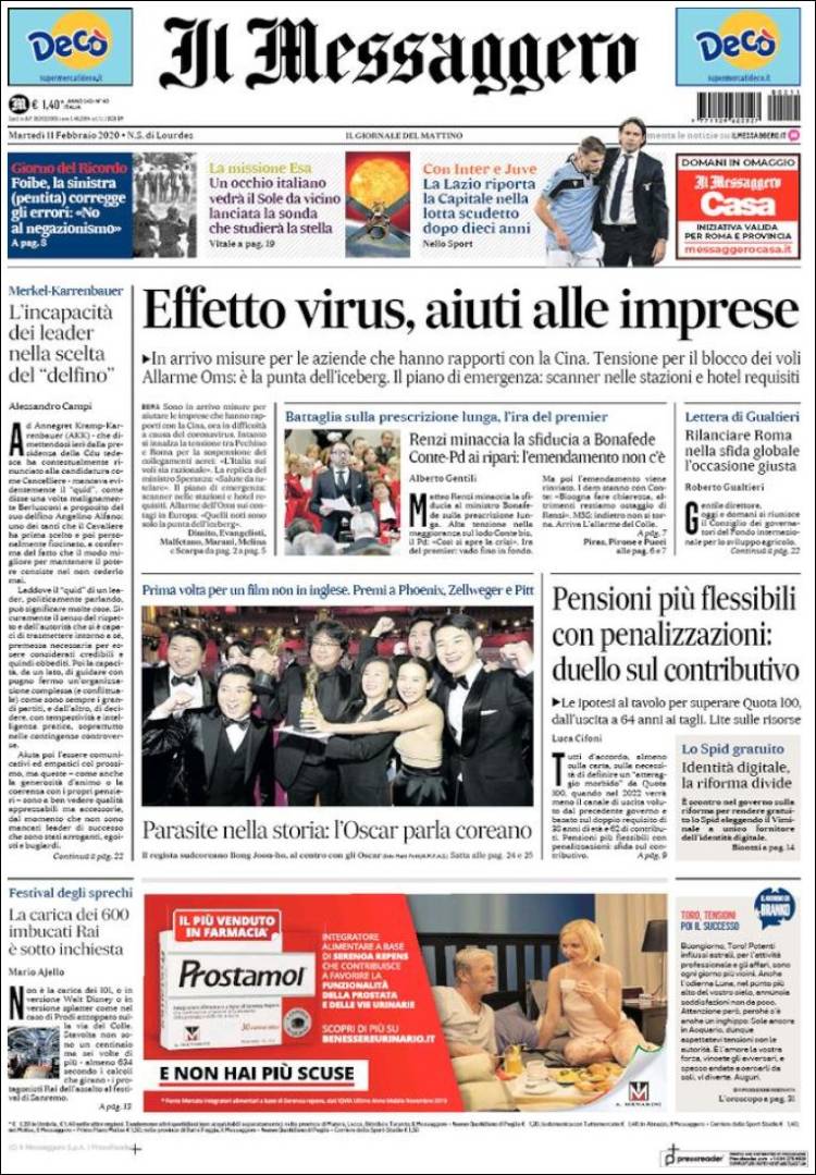 Portada de Il Messaggero (Italia)
