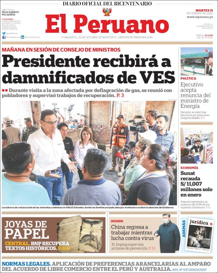 Portada de El Peruano (Perú)