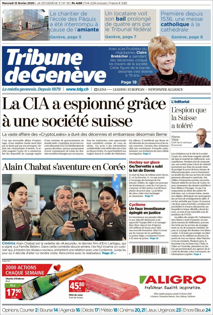 Portada de La Tribune de Genève (Suiza)