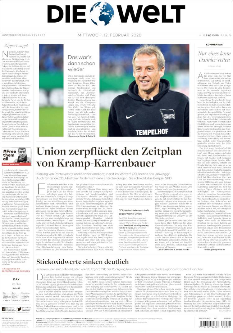 Portada de Die Welt (Alemania)
