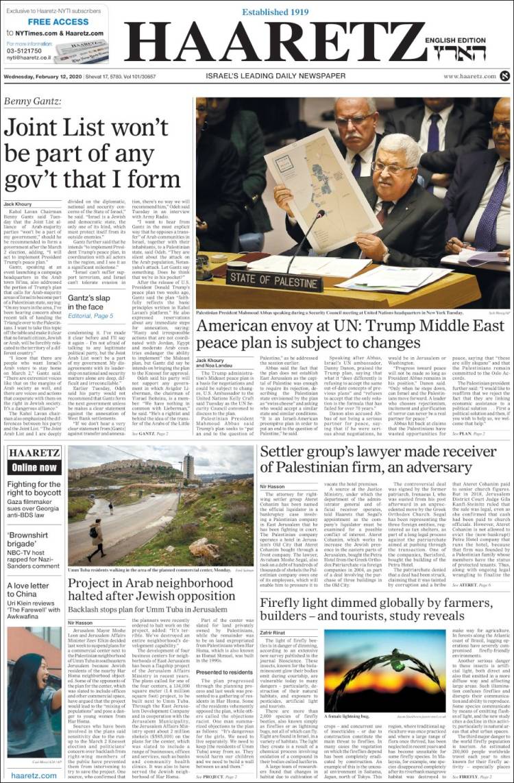 Portada de Haaretz (Israel)