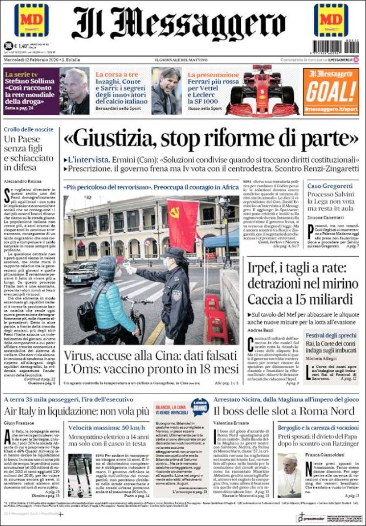 Portada de Il Messaggero (Italia)