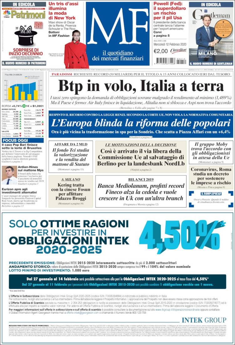 Portada de Milano Finanza (Italia)