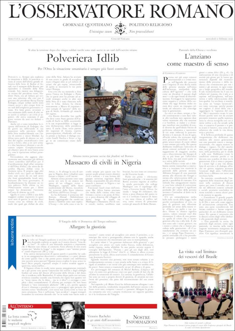 Portada de L'Osservatore Romano (Italia)