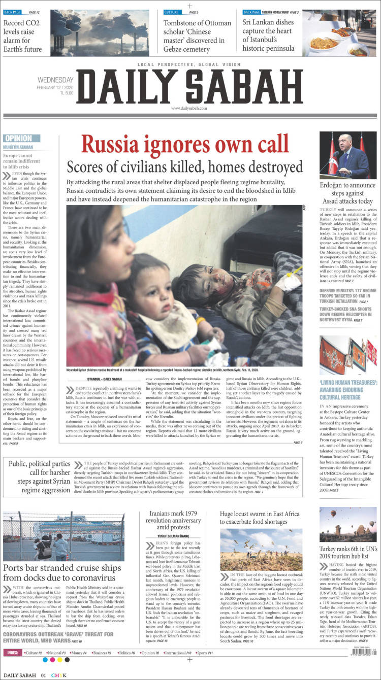 Portada de Daily Sabah (Turqu&iacute;a)