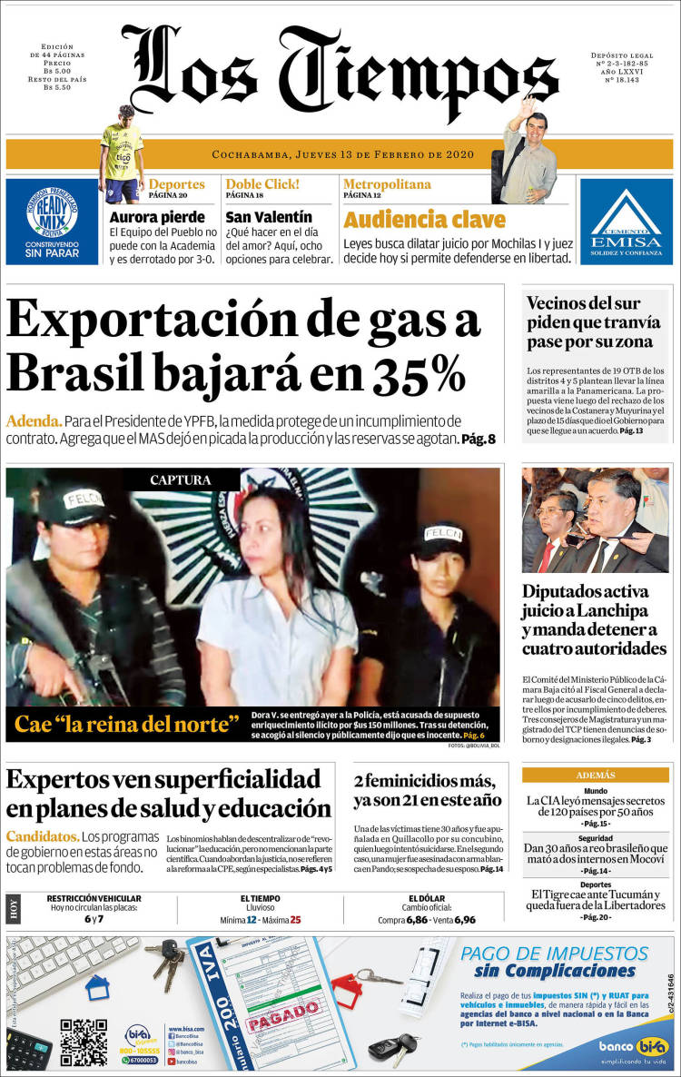 Portada de Los Tiempos (Bolivia)