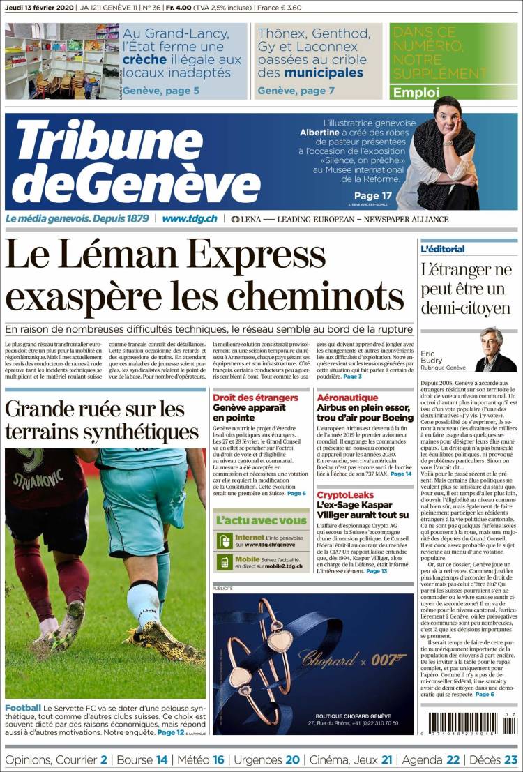 Portada de La Tribune de Genève (Suiza)