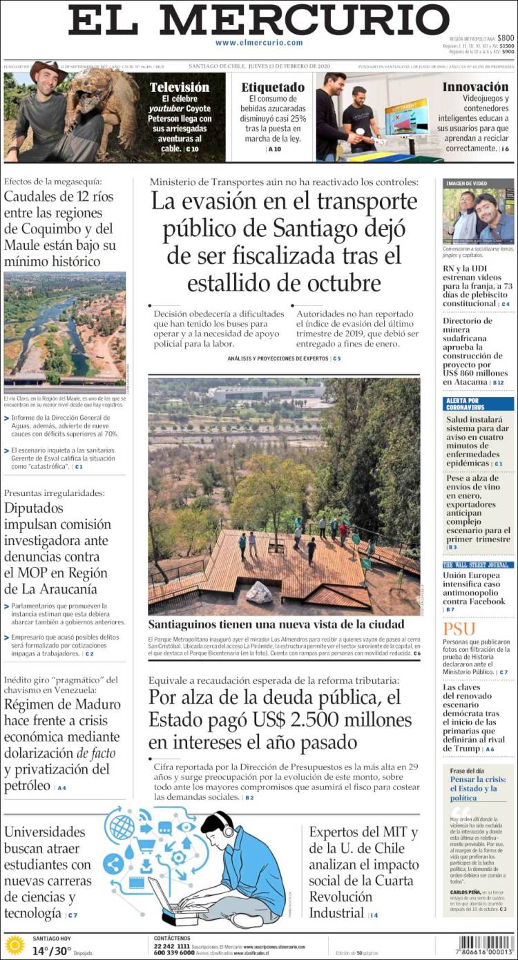Periódico El Mercurio (Chile). Periódicos de Chile. Edición de jueves, 13  de febrero de 2020. 