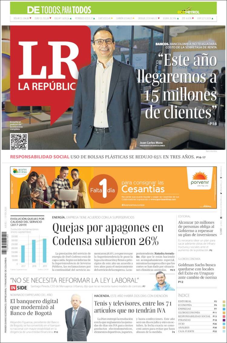 Portada de La Republica (Colombia)