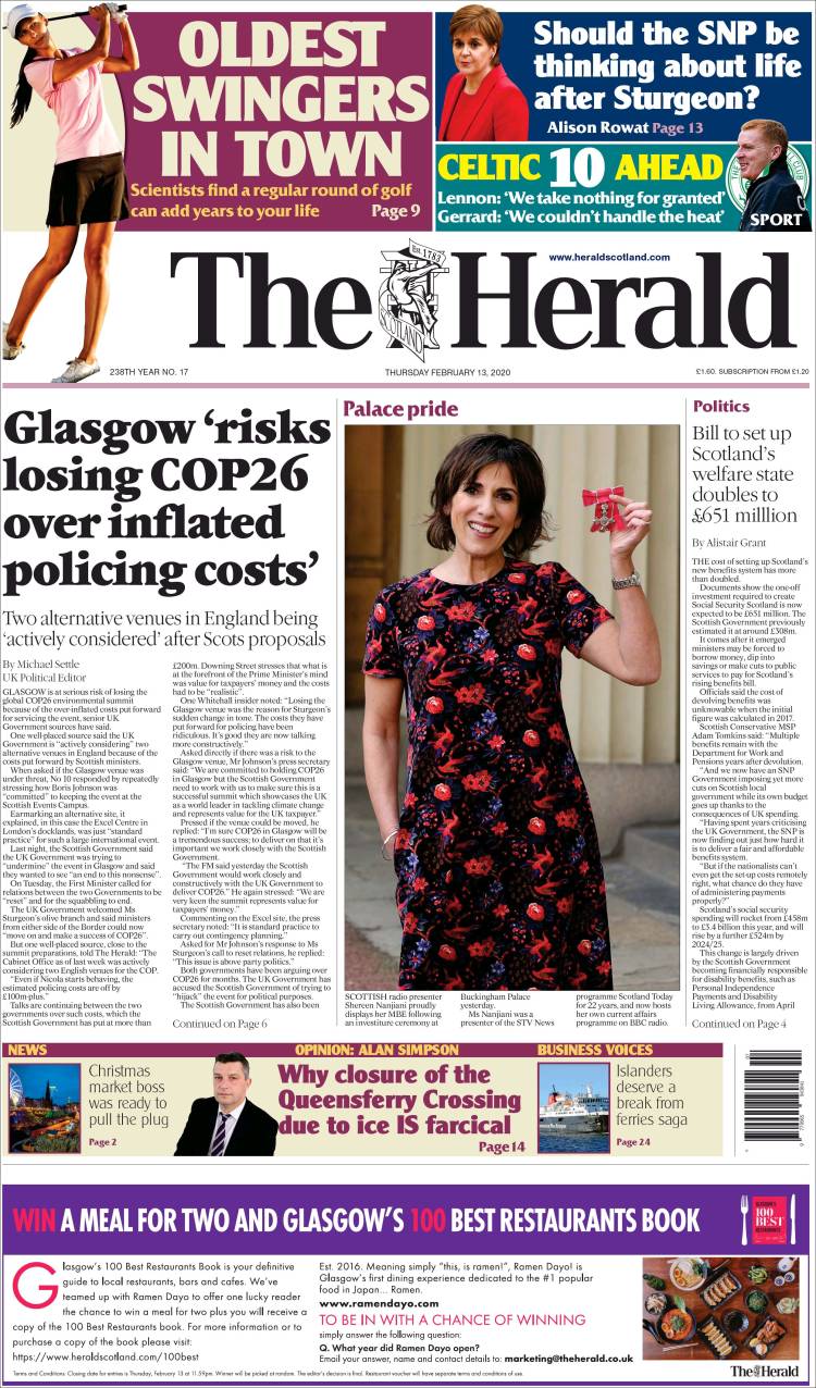 Portada de The Herald (Reino Unido)