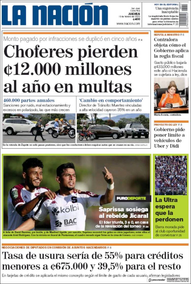 Periódico La Nación - Costa Rica (Costa Rica). Periódicos de Costa Rica.  Edición de viernes, 14 de febrero de 2020. 