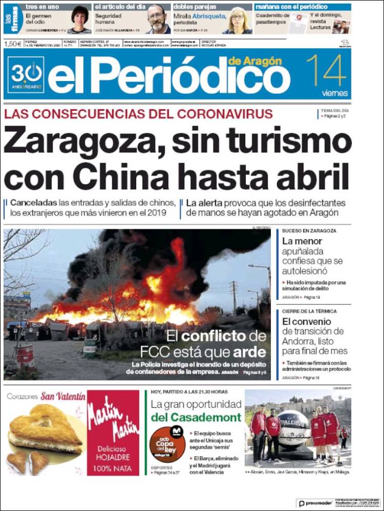 Portada de El Periódico de Aragón (España)