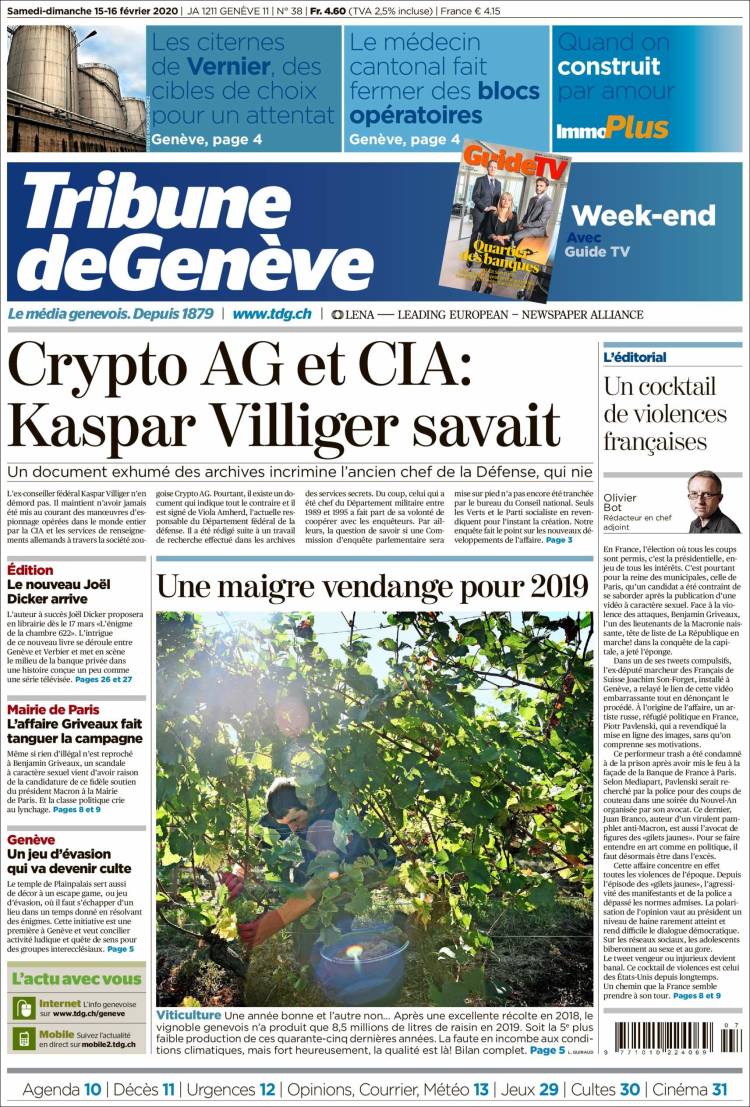 Portada de La Tribune de Genève (Suiza)