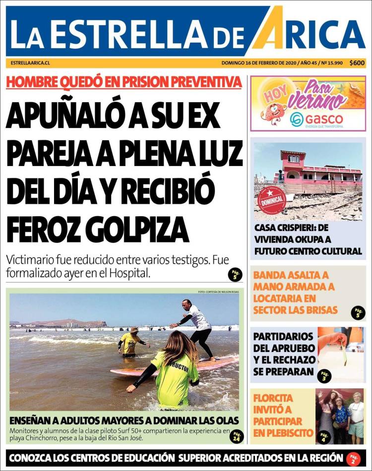 Portada de La Estrella de Arica (Chile)