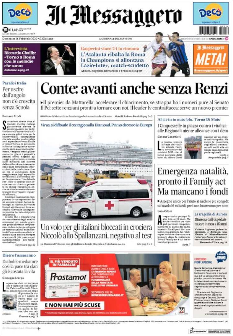 Portada de Il Messaggero (Italia)