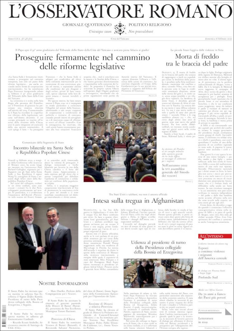 Portada de L'Osservatore Romano (Italia)