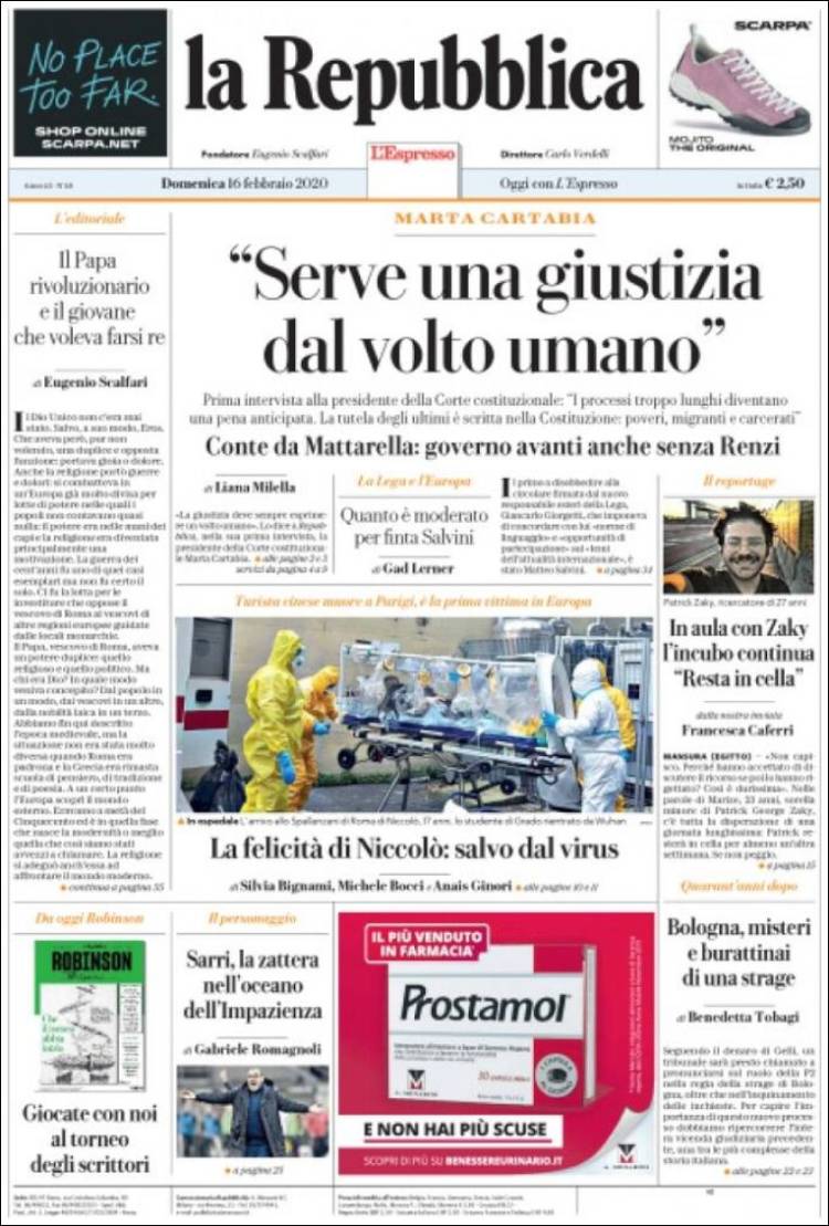 Portada de La Repubblica (Italia)