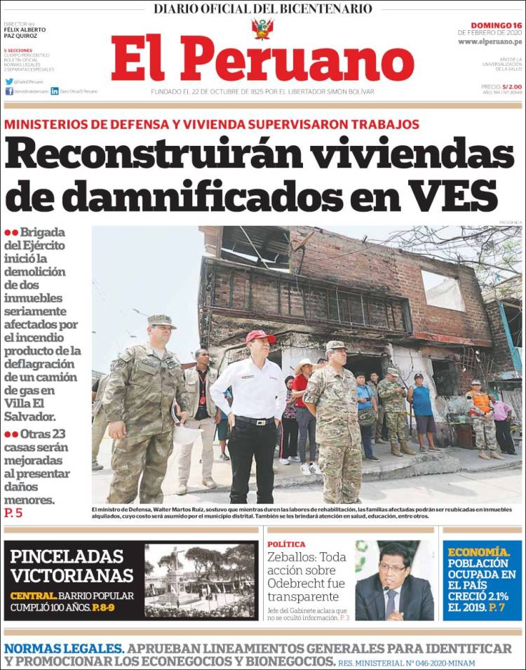 Periódico El Peruano Perú Periódicos De Perú Edición De Domingo 16 De Febrero De 2020 1178