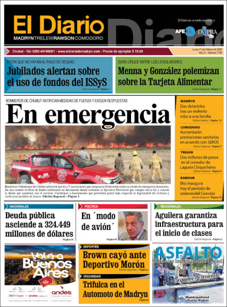Portada de El Diario de Madryn (Argentina)