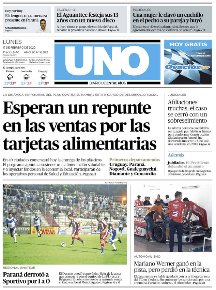 Portada de Diario Uno de Entre Ríos (Argentina)