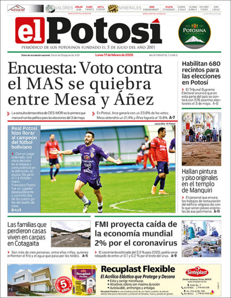 Portada de Diario de Potosí (Bolivia)