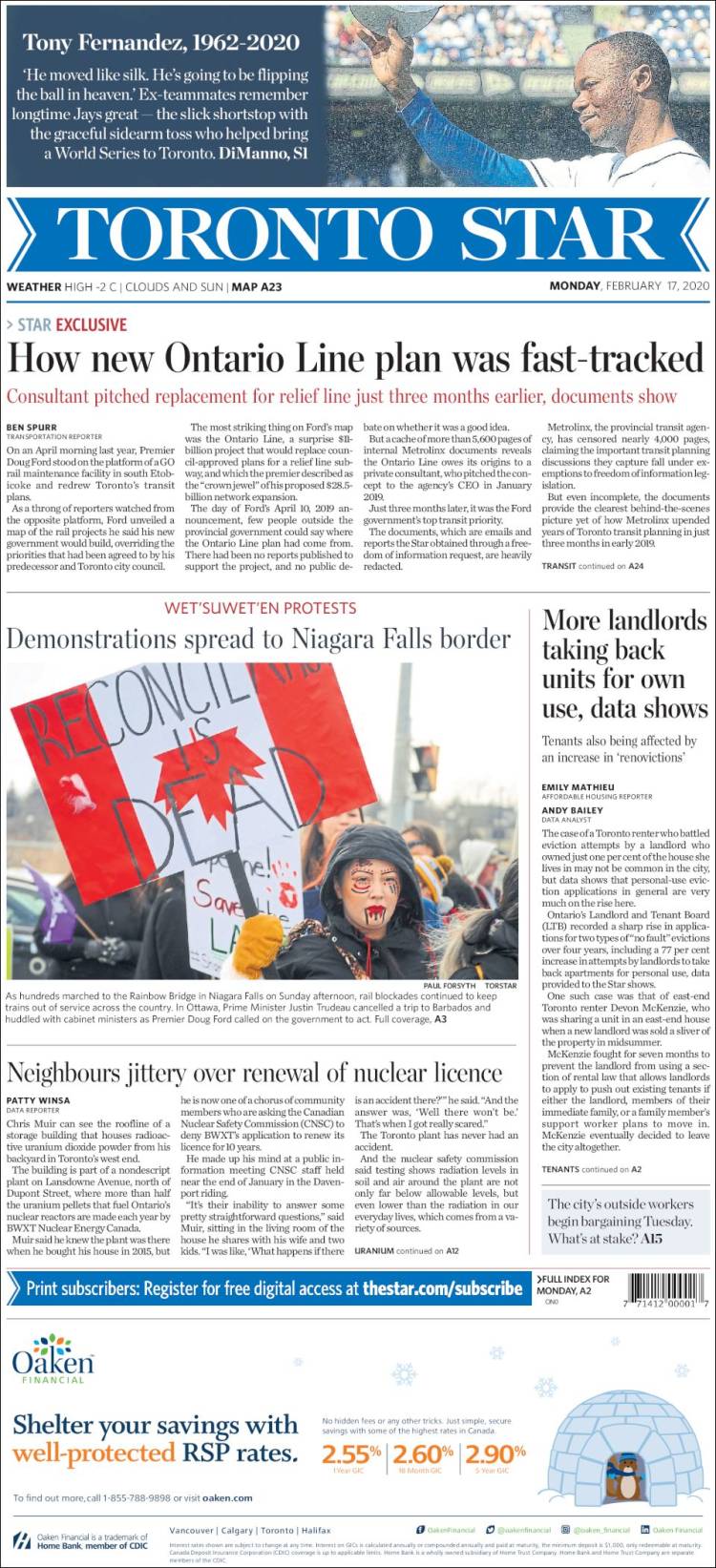 Portada de The Toronto Star (Canada)