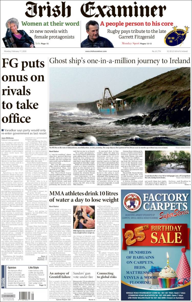 Portada de Irish Examiner (Irlanda)