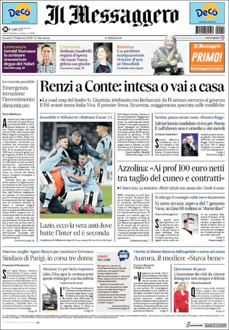 Portada de Il Messaggero (Italia)