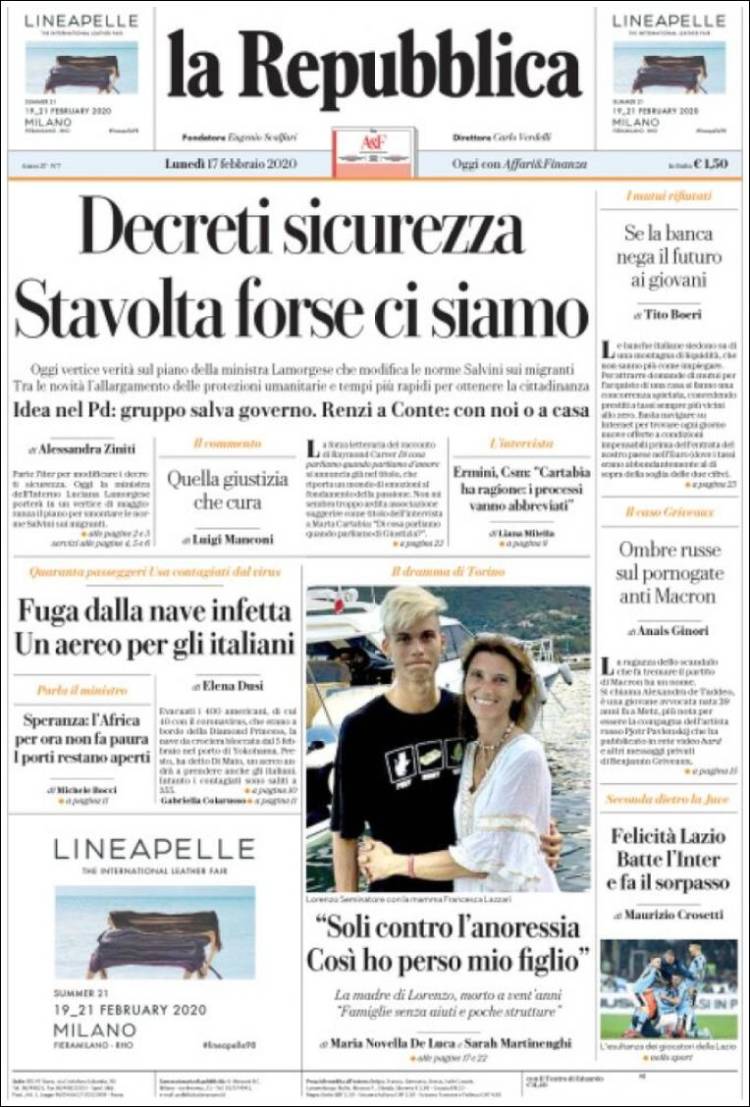 Portada de La Repubblica (Italia)