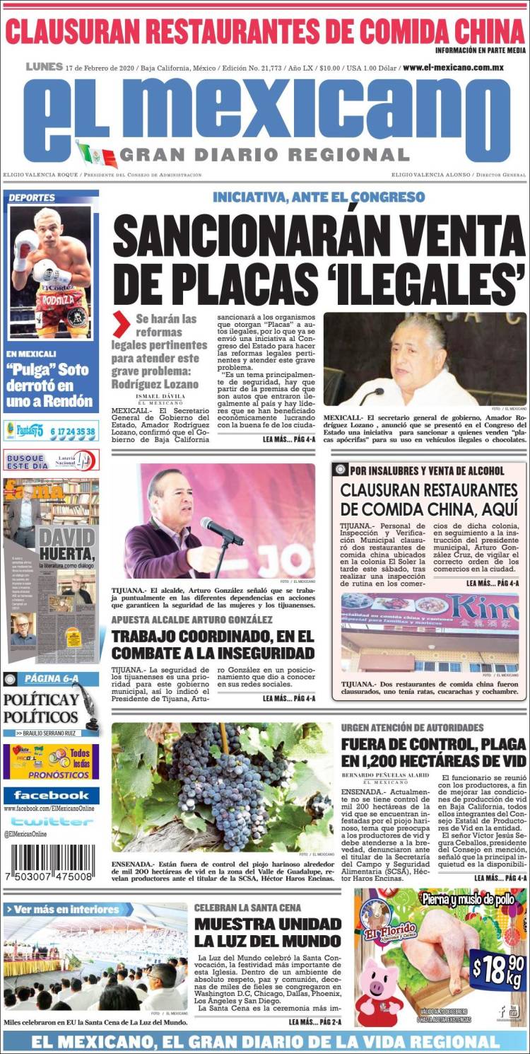 Portada de El Mexicano - El Gran Diario Regional (México)