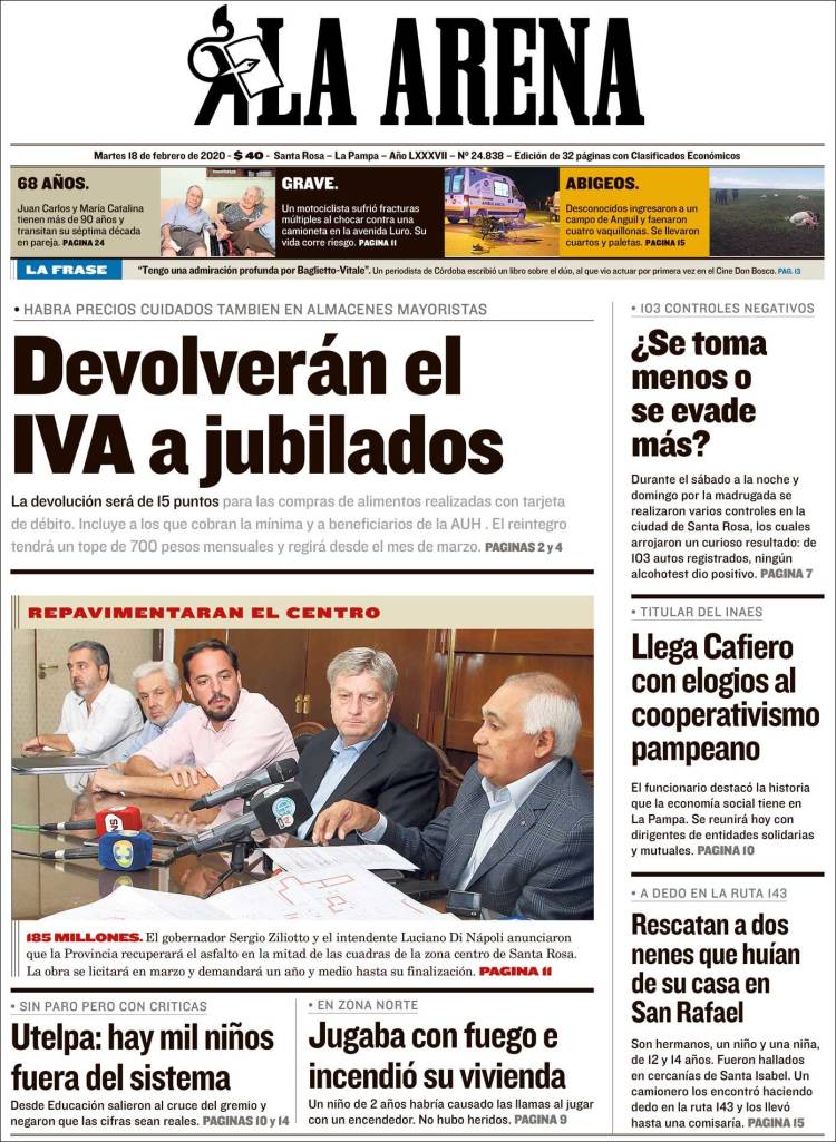 Portada de Diario La Arena (Argentina)