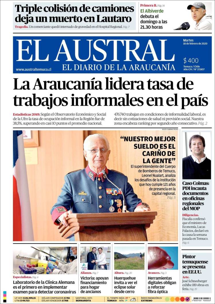 Portada de El Austral de Temuco (Chile)