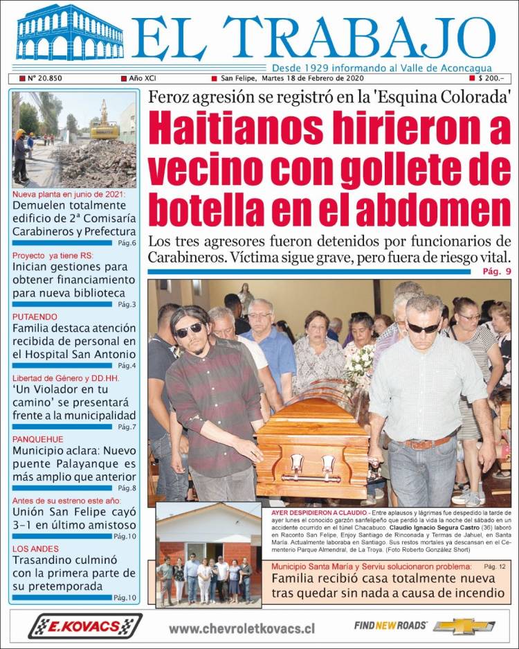 Portada de El Trabajo (Chile)